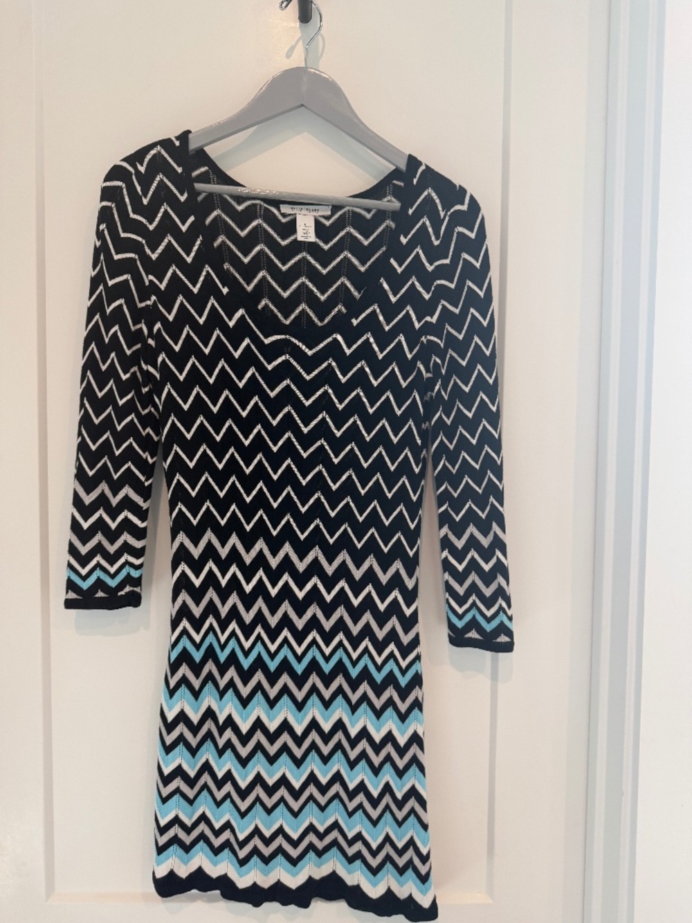 Vintage White House Black Market Sweater Knit Dress oTop Black White Teal Large